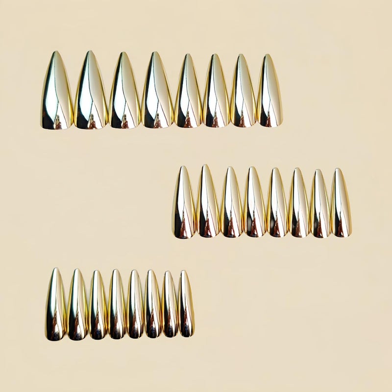 SINHOT Stiletto Press on Nails Long - Long Fake Nails, Glossy Finish, Gold Metallic & Chrome, DIY Artificial False Nail Art - 24 Pcs Nail Kit with Glue - Image 4